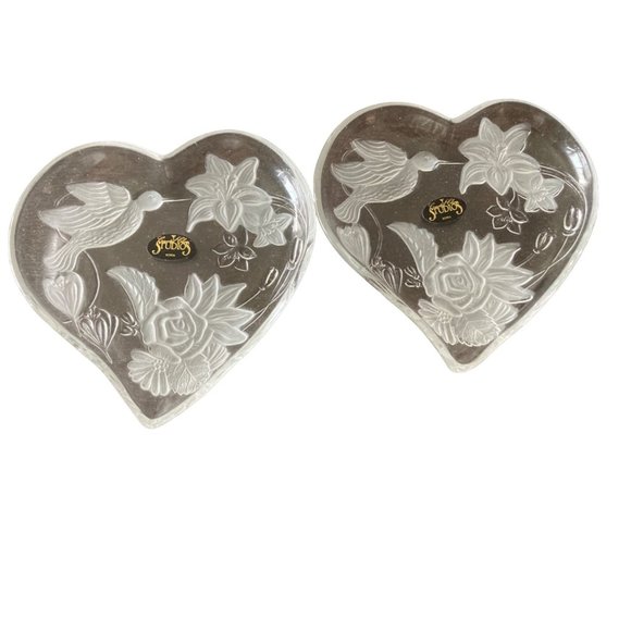 NIB CLEAR & FROSTED GLASS HUMMINGBIRD HEART- Shaped Dish Bowls Trinket Candy 6” - Picture 2 of 6